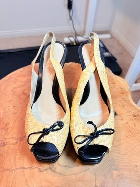 Fendi Straw Slingback Peep-Toe Heels with Black Trim